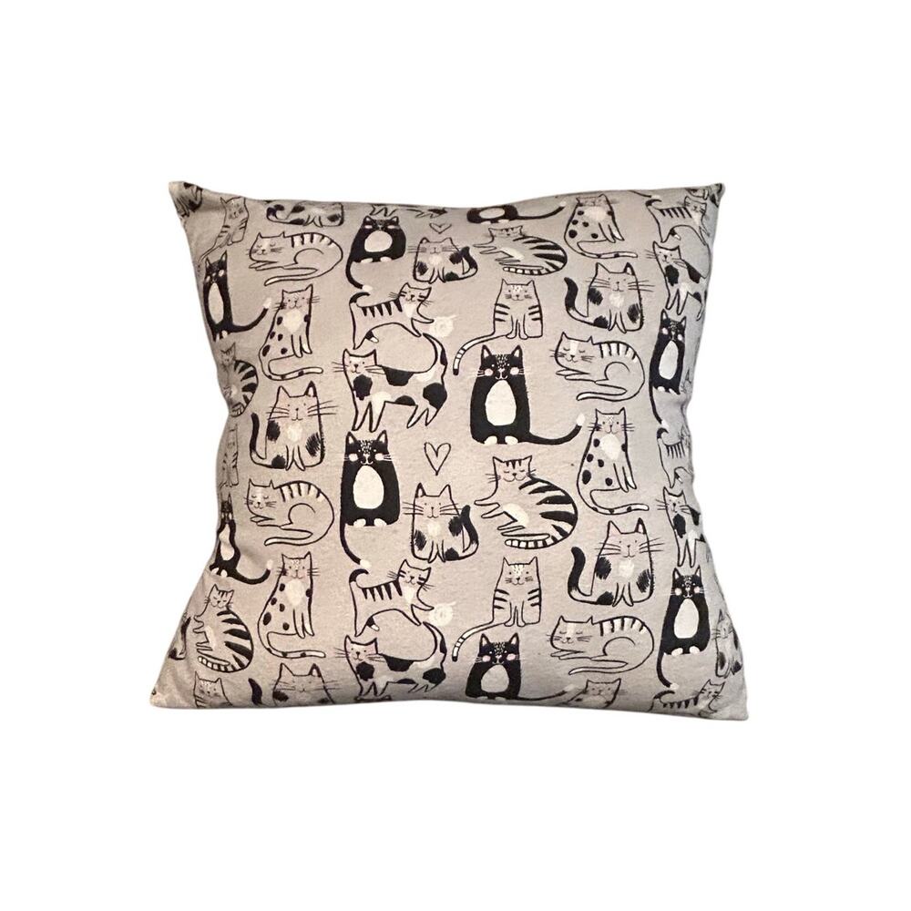 Cute Cat Print Throw Pillow Cover Gray Black Whimsical Home Decor Lightweight